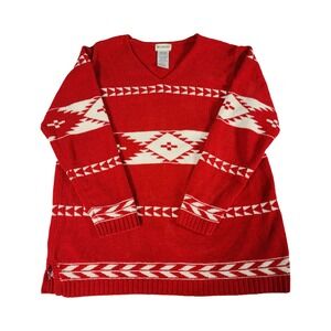 White Stag Red Aztec Geometric V Neck Sweater Women's Large Acrylic Christmas